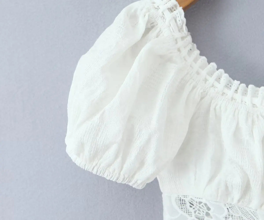 Romantic Lace Patchwork Off Shoulder Puff Sleeve Crop Top