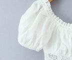 Romantic Lace Patchwork Off Shoulder Puff Sleeve Crop Top
