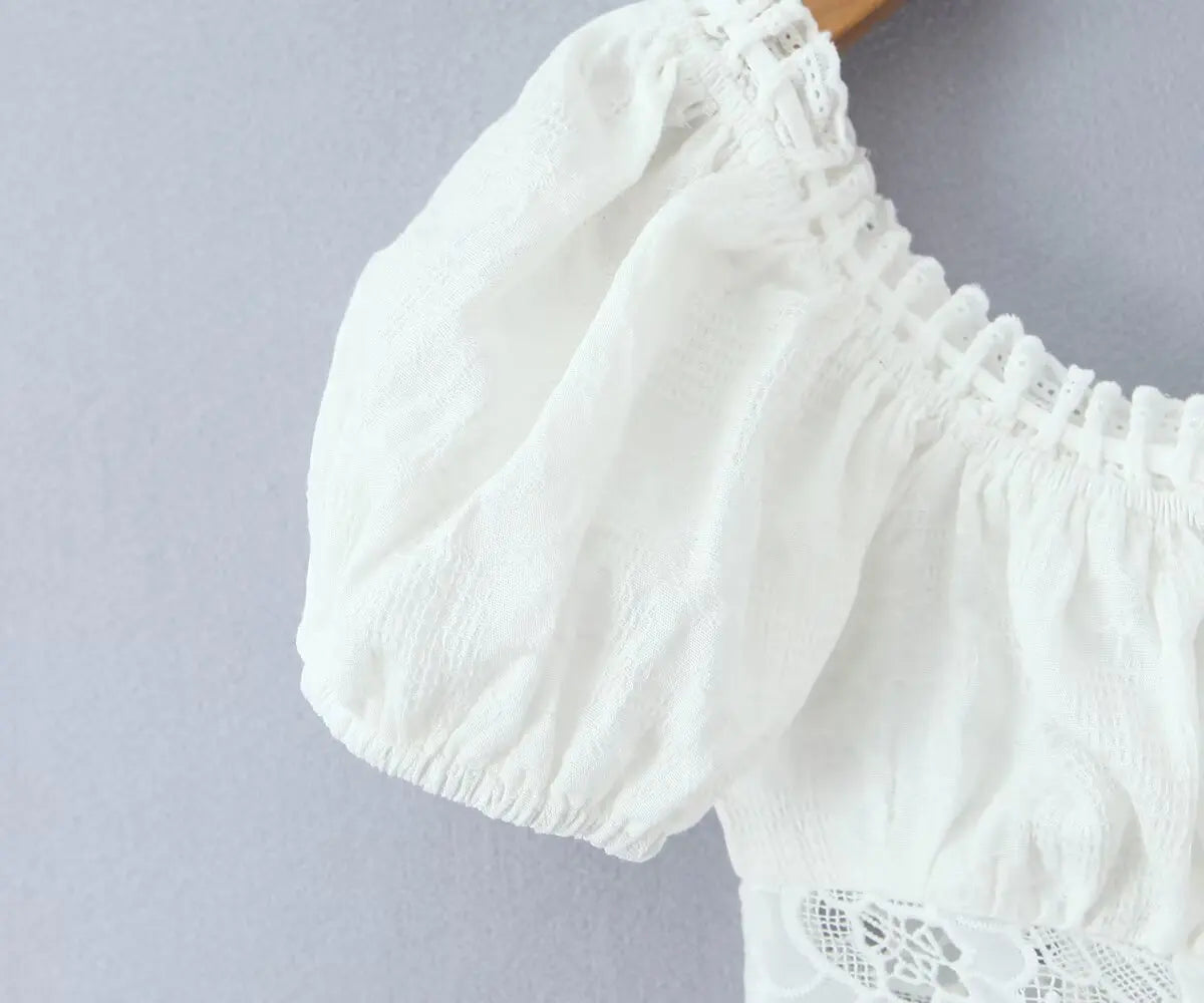 Romantic Lace Patchwork Off Shoulder Puff Sleeve Crop Top