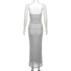Elegant Maxi Spaghetti Strap Party Dress With Netting Waist-Hugging Fit