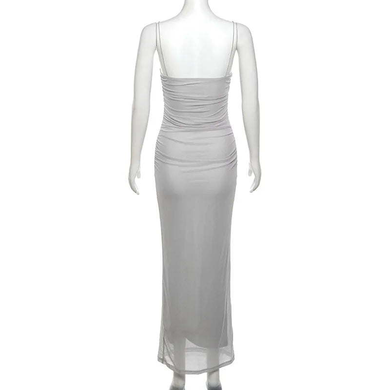 Elegant Maxi Spaghetti Strap Party Dress With Netting Waist-Hugging Fit