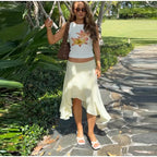 Soft Ruffle High Waist Midi Skirt With Asymmetrical Hem
