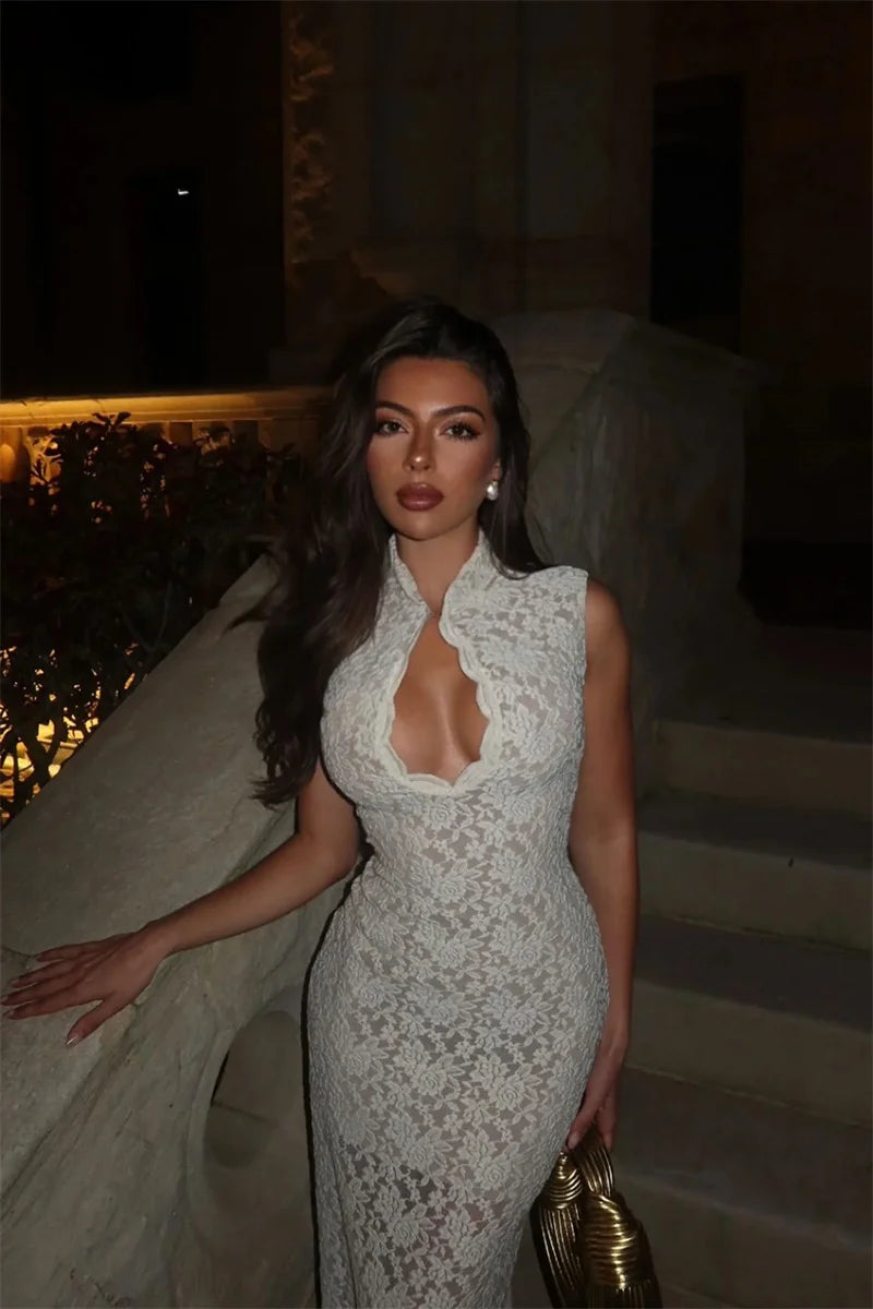 Elegant Lace Sleeveless Maxi Dress With Hollow Out Split