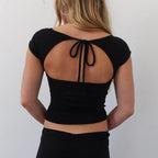 Front Cutout Bow Tie Backless Top Slim Fit Short Sleeve With Skew Collar
