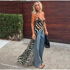Zebra Print Sheer Chiffon Set With V Neck Tank And Wide Leg Pants