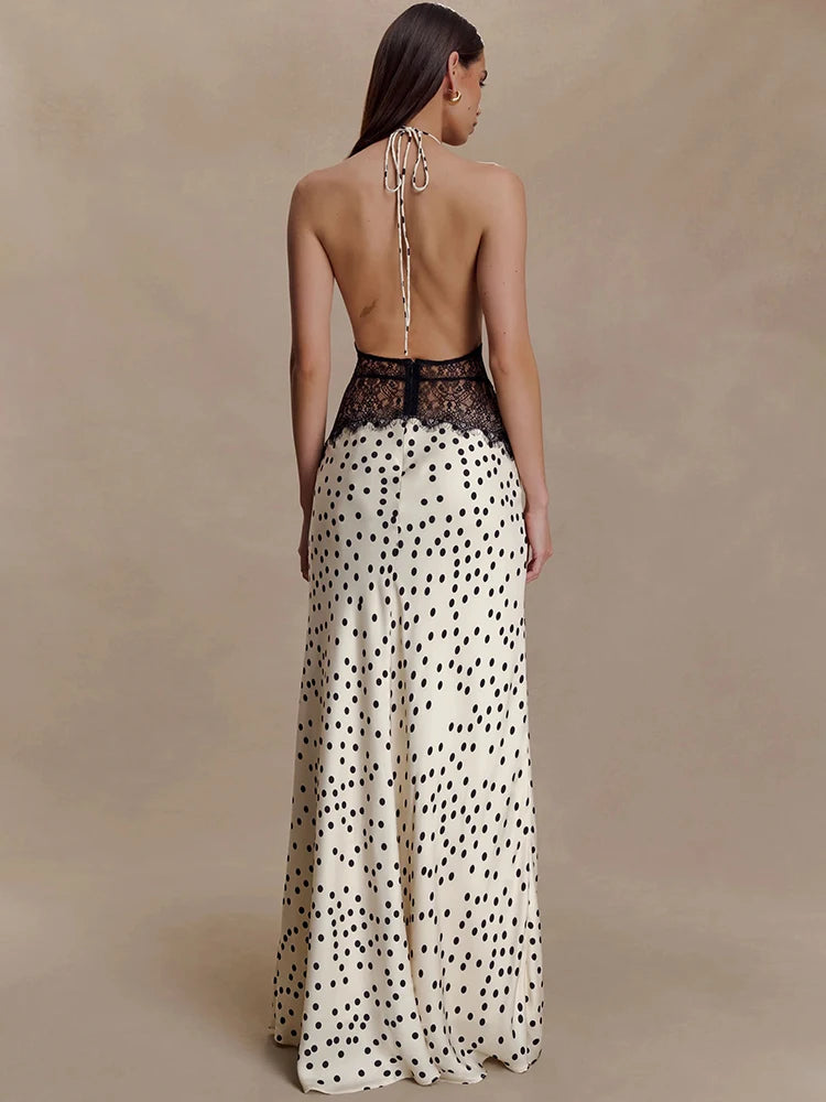Polka Dot Backless Maxi Dress With Lace Patchwork Halter Neck Deep V Bodycon Evening Gown