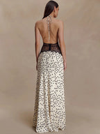 Polka Dot Backless Maxi Dress With Lace Patchwork Halter Neck Deep V Bodycon Evening Gown