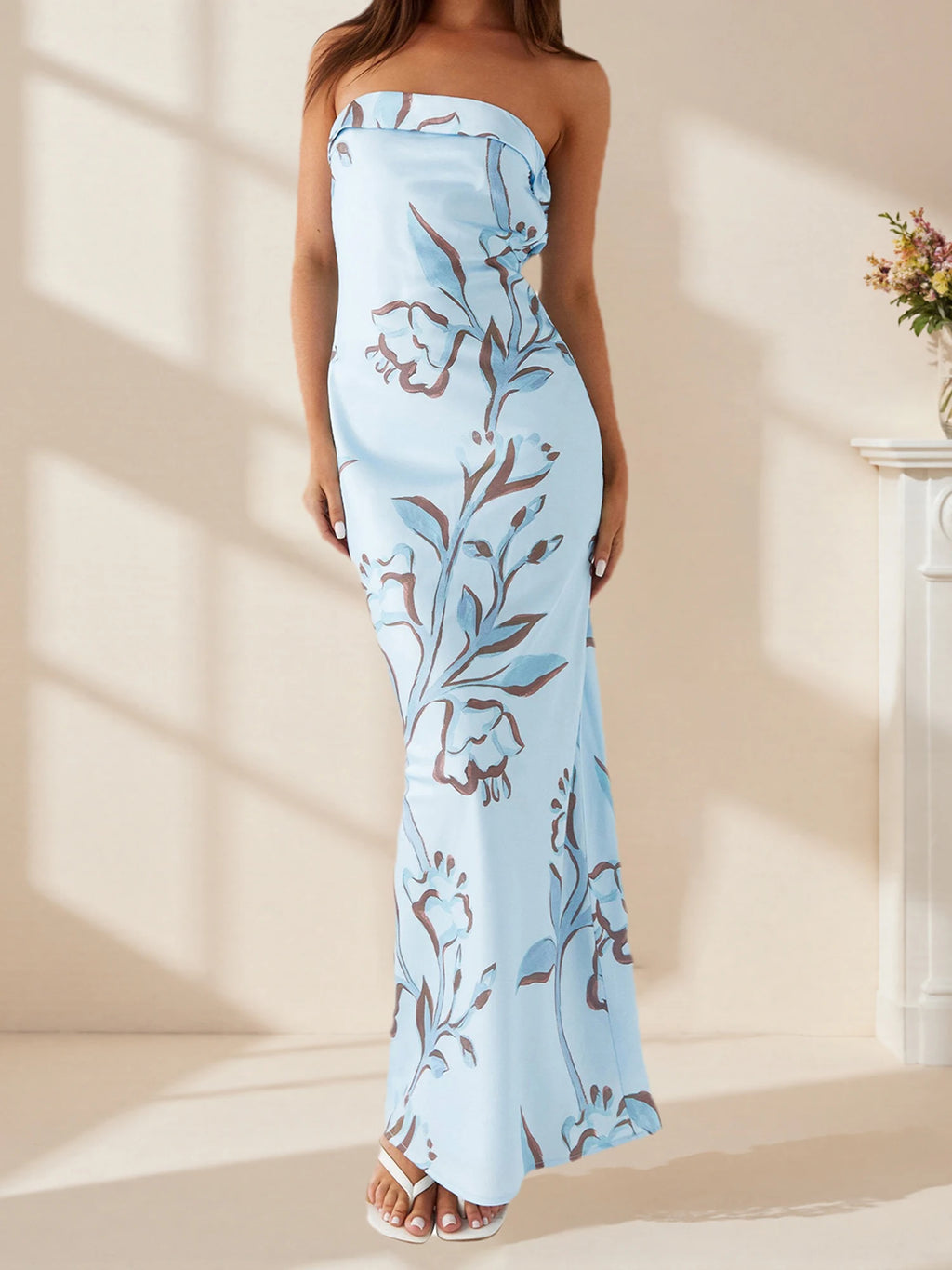 Floral Strapless Sleeveless Maxi Dress With Bodycon Silhouette