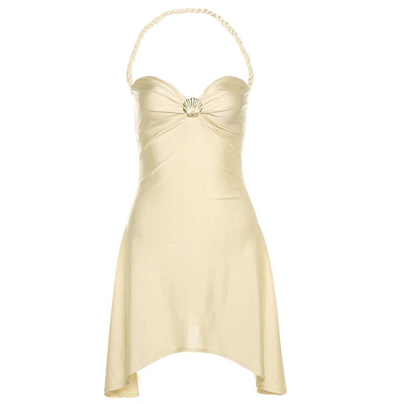 Metallic Satin Halter Mini Dress With Backless Ruched Silhouette
