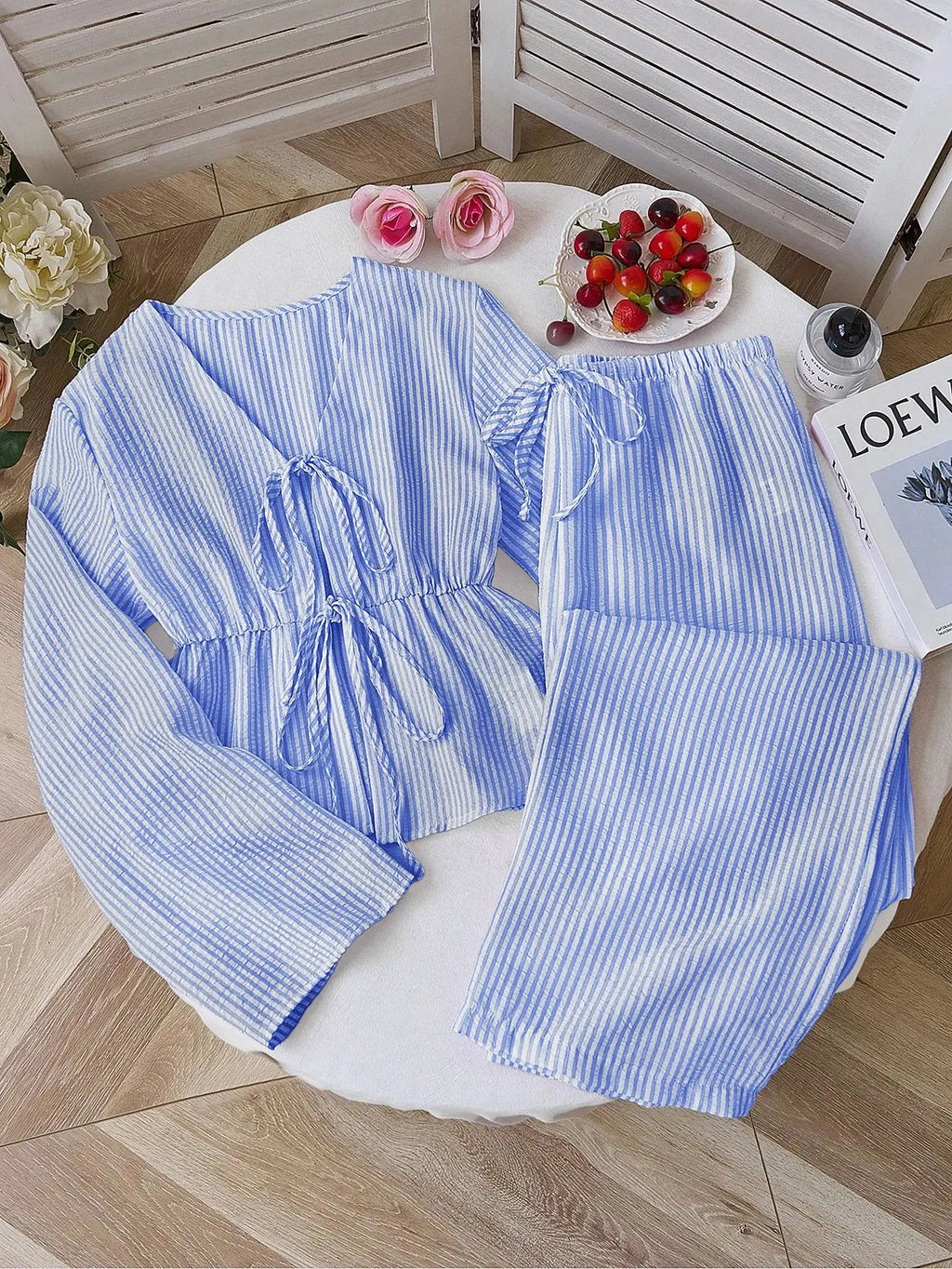 Striped Lace Up Two Piece Set V Neck Top And Elastic Waist Pants