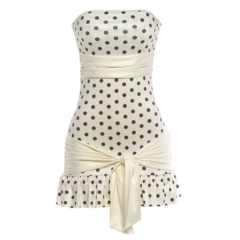 White Polka Dot Strapless Backless Tassel Bodycon Mini Dress