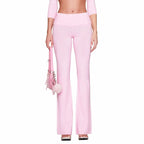 Boutique Knit Flared Pants With Elastic Waist And Back Bow Detail Slim Fit Trousers