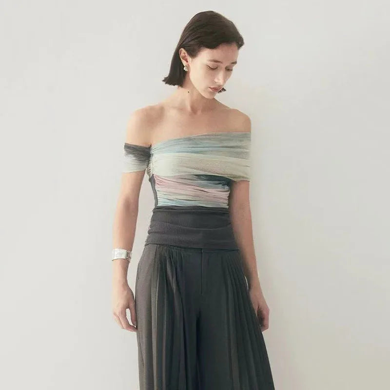 Bold Tie Dye Mesh Crop Top With Slash Neck And Patchwork