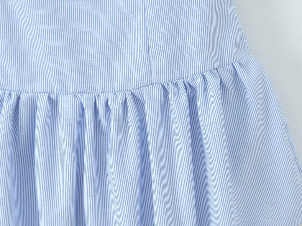Stripes Tie Bow Halter Sling Satin Dress Women Low Waist Ball Gown Pleated