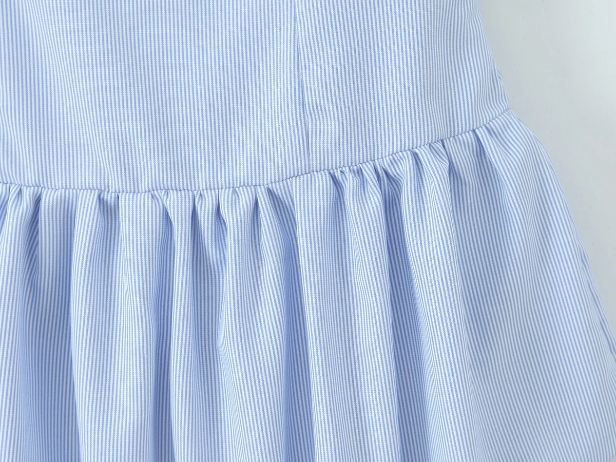 Stripes Tie Bow Halter Sling Satin Dress Women Low Waist Ball Gown Pleated