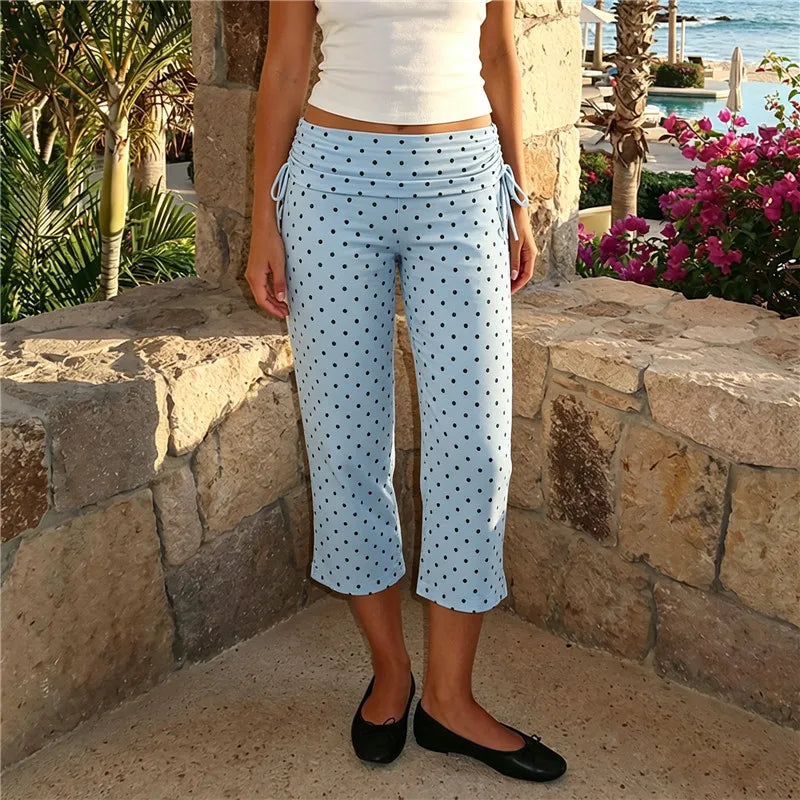 High-Waist Capri Pants With Fold-Over Waist Adjustable Drawstring Tie Detail