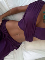 Sultry Slash Neck Two Piece Set With Backless Crop Top And Elastic Waist Maxi Skirt