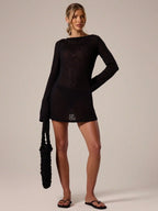 A Line Knit Mini Dress With Slash Neck And Bell Sleeves