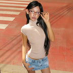 Turtleneck Crop Tank With Slit And Button Details