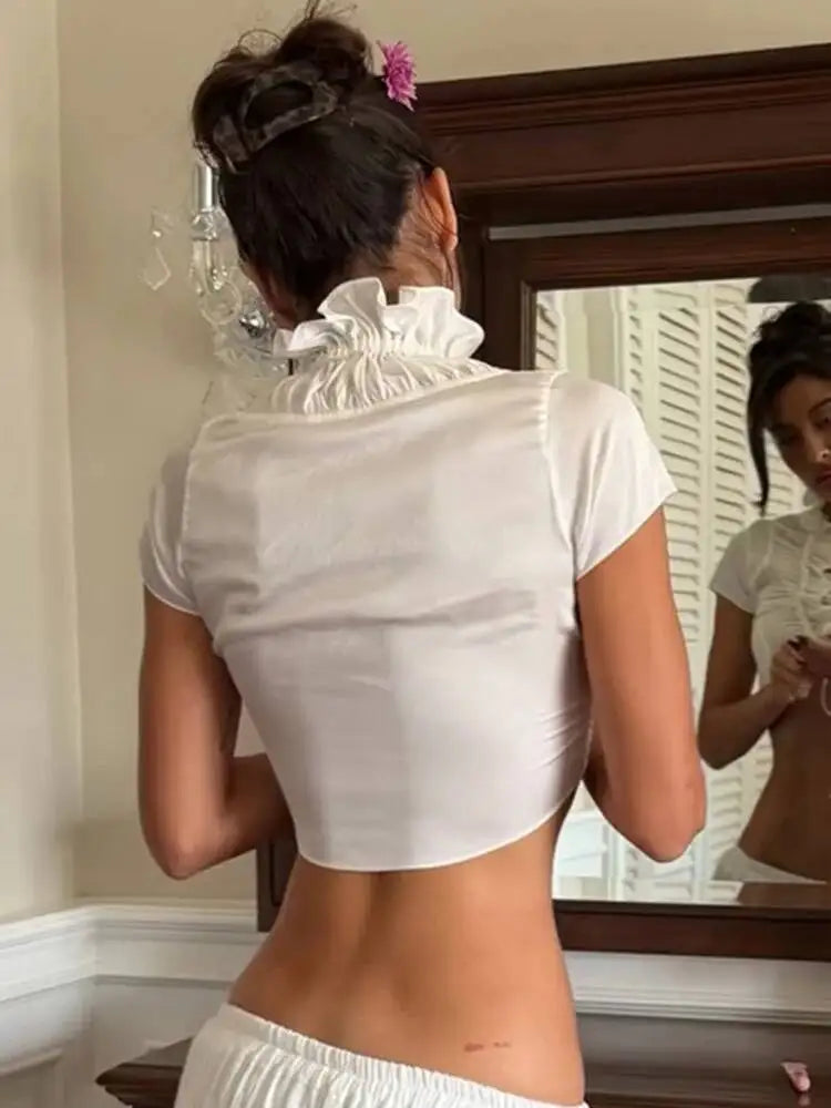 Sexy Deep V Neck Ruched White Crop Top With Ruffles And Lace Up Short Sleeves