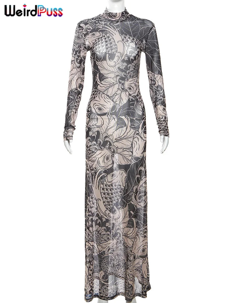 Mesh Print Maxi Bodycon Dress With Turtleneck And Long Sleeves