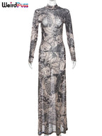 Mesh Print Maxi Bodycon Dress With Turtleneck And Long Sleeves