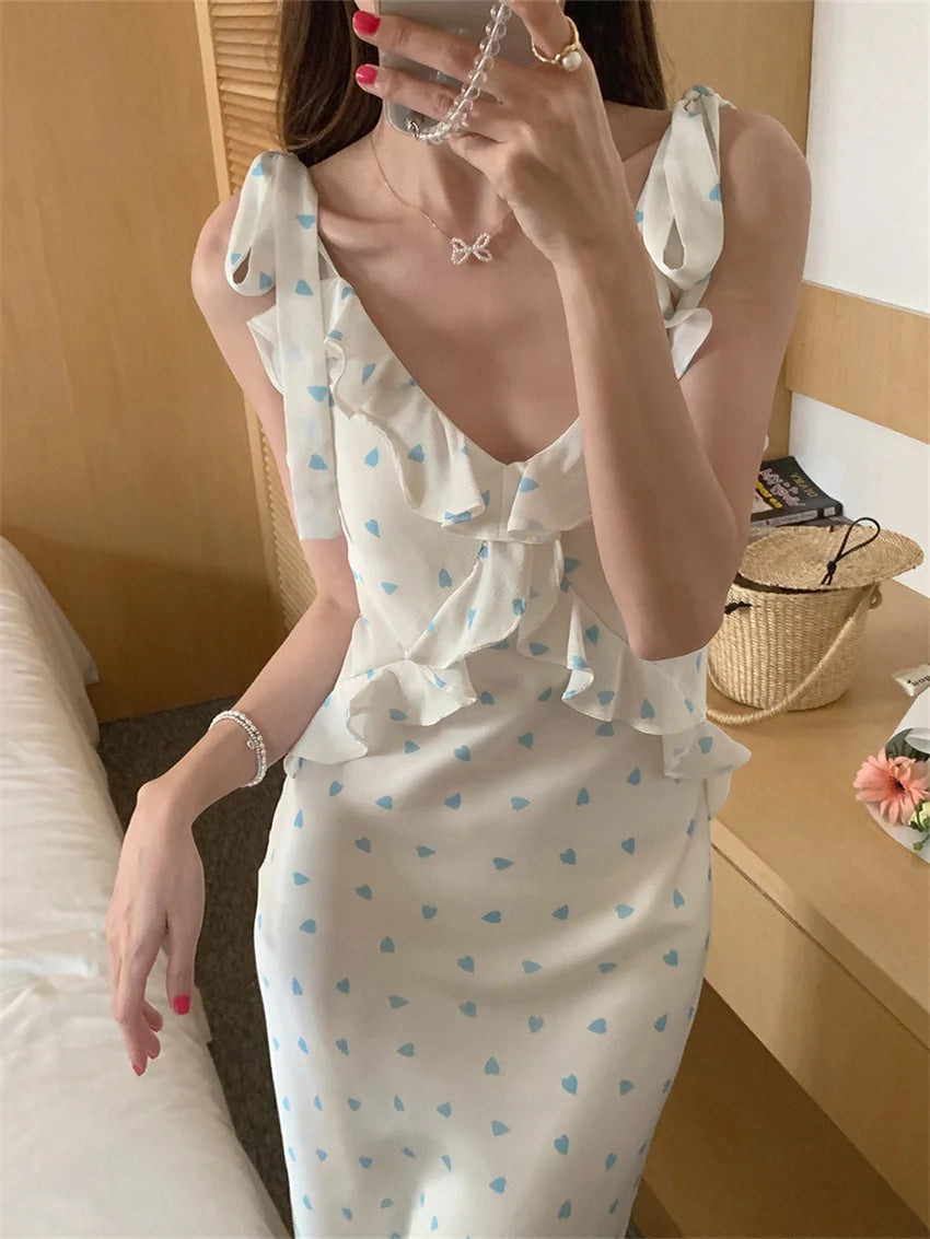 Allover Printed Dress With V Neckline Ruffles And Sleeveless Silhouette
