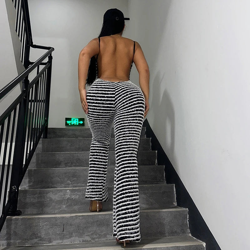 Backless Striped Jumpsuit With High Waist Flare Legs