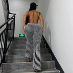 Backless Striped Jumpsuit With High Waist Flare Legs