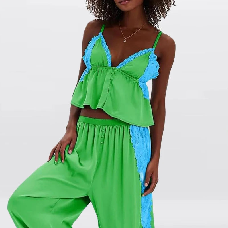 V-neck Sleeveless Top and Pants Outfit Lace Patchwork Women's Two Piece
