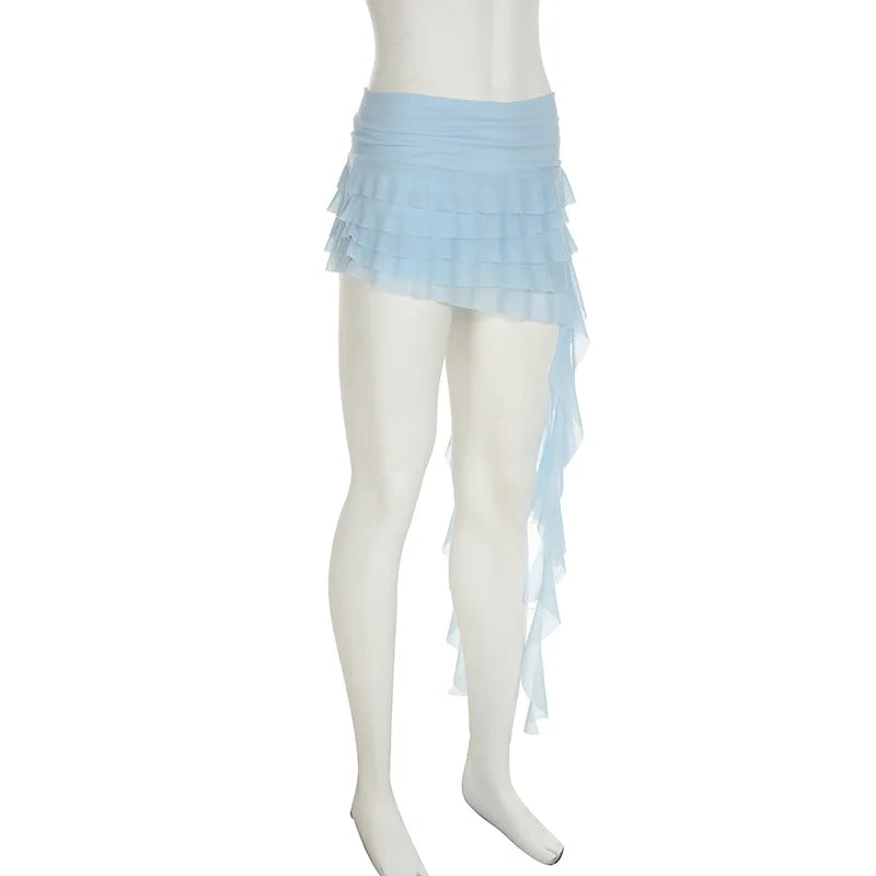 Irregular Mesh Ruffle Edge Low Waist Short Skirt