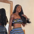 Bohemian Blue Striped Two-piece Set Strapless Ruffled Crop Top Tiered Maxi Skirt