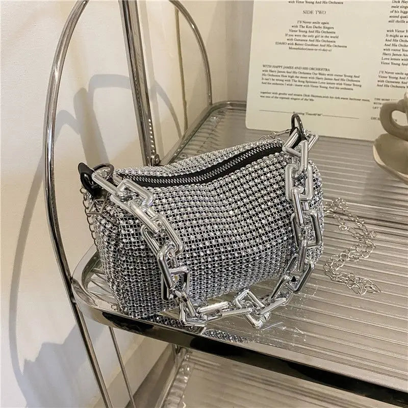 Mini Crossbody Rhinestone Bucket Bag With Glitter Chain Purse