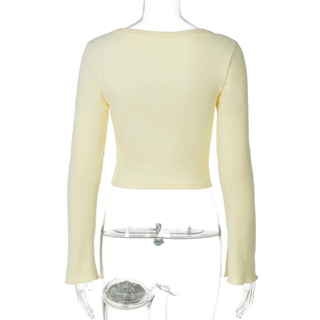 Square Collar Crop Top With Long Flare Sleeves And Button Details