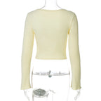 Square Collar Crop Top With Long Flare Sleeves And Button Details