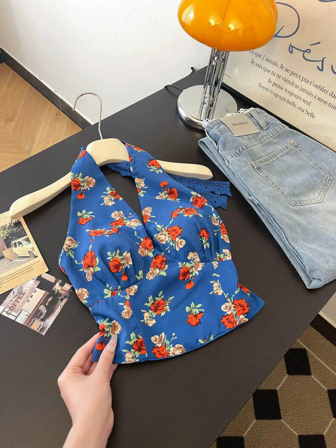 Retro Floral V Neck Halter Top