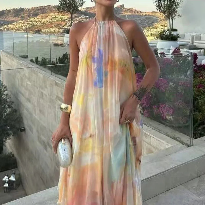 Bohemian Patterned Maxi Dress With Backless Halter Sleeveless