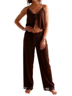 Satin Silk Pajamas Set Floral Lace Trim Tie Front Split Camisole Tops+ Straight Leg Pants 2Pcs Sleepwear