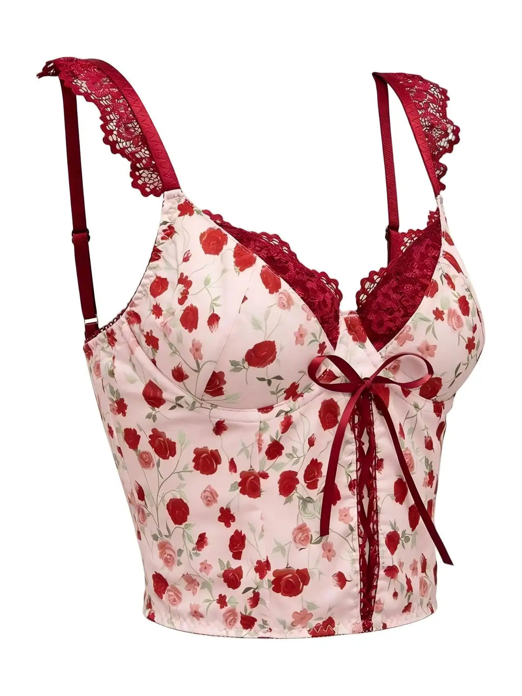 Women's Sweet Rose Floral Print Corset Top Lace Strap Bow Detail Bustier Crop Y2K Fashion Top