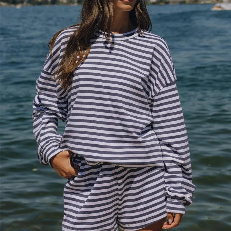 Cozy Striped Knit Lounge Set With Oversized Top And Shorts For Relaxed Comfort Everyday