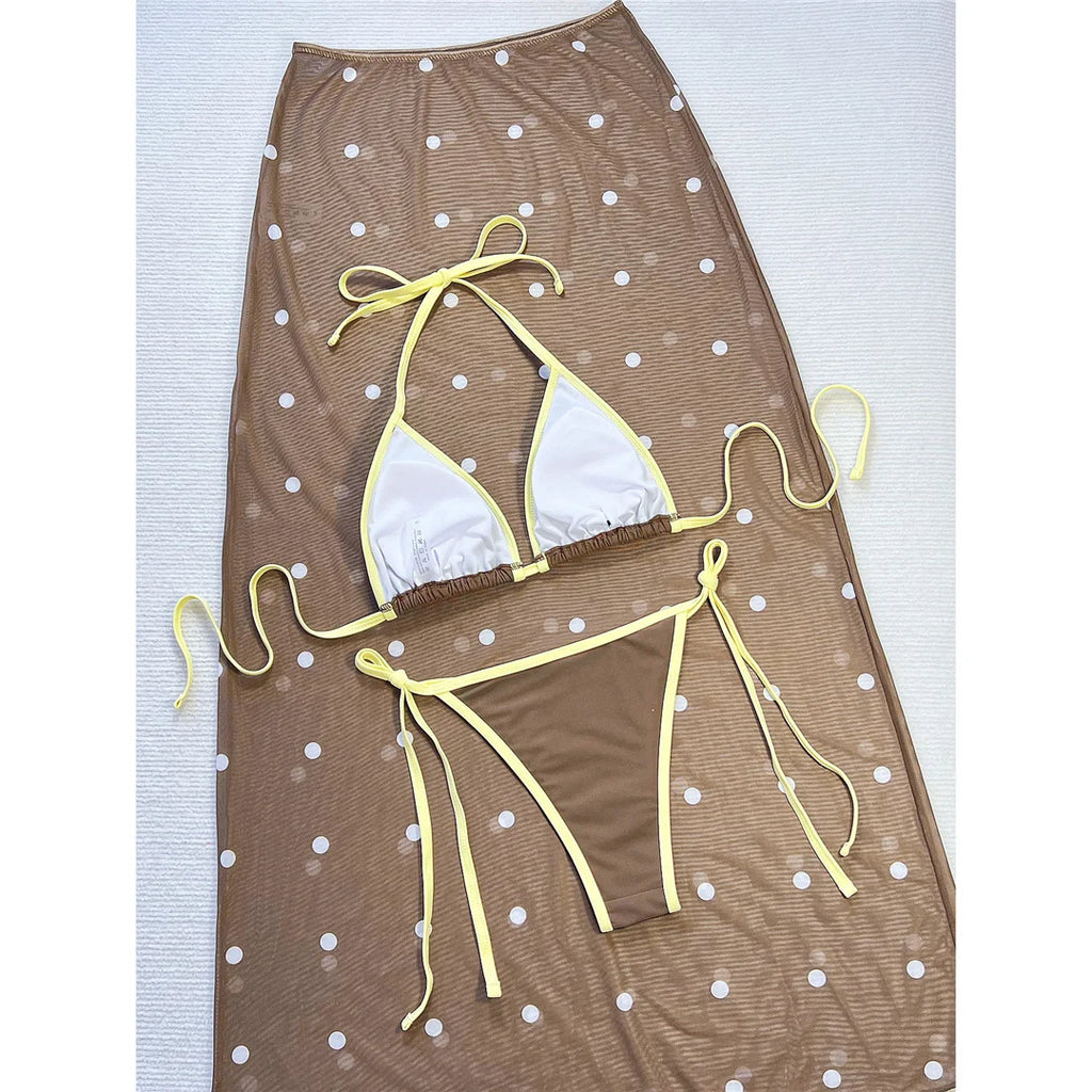 Yellow Polka Dot Skirt Halter Female Three-piece Bikini Set