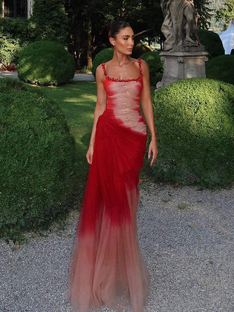 Mermaid Evening Gown With Contrast Tulle Pleats Sleeveless Gala Dress