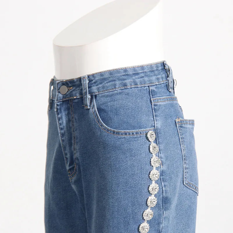 Glimmering Rhinestone Patchwork Denim With Loop Detail For A Chic Straight Leg Silhouette