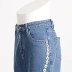 Glimmering Rhinestone Patchwork Denim With Loop Detail For A Chic Straight Leg Silhouette