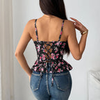Floral Print Coquette Crop Corset Top With Spaghetti Straps And Ruffle Hem