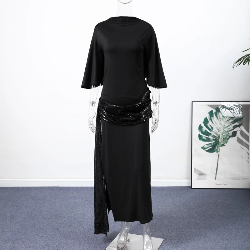 Backless Party Maxi Dress With O Neck Slim Pleated Ribbon Detail