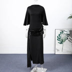 Backless Party Maxi Dress With O Neck Slim Pleated Ribbon Detail