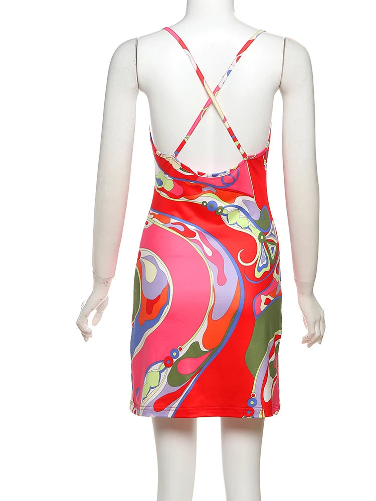 Colorful Print Backless Bodycon Mini Dress