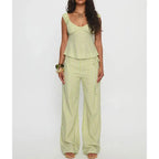 Striped Set With Backless V Neck Crop Top And Bow Belted Straight Pants