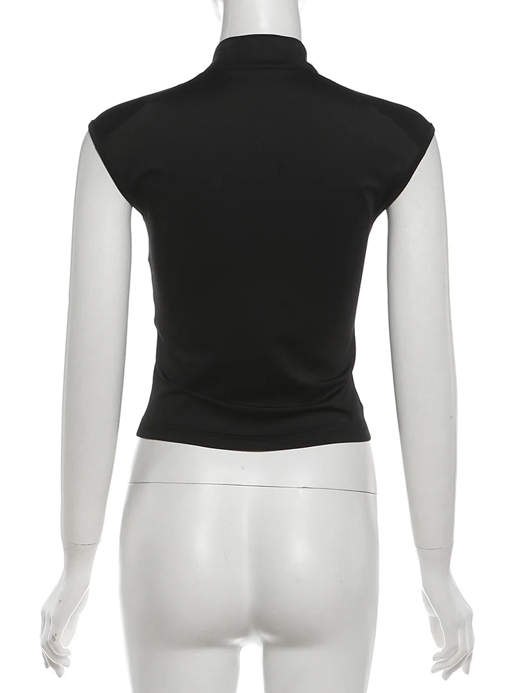Rivets Decoration Top Stand Collar Navel Exposed Bandage Look Edgy Chic High Street Fashion
